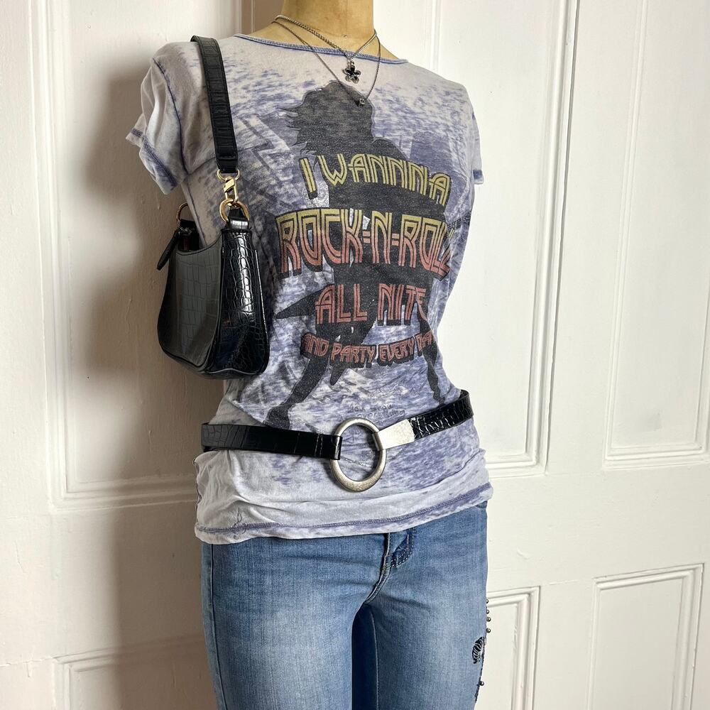 Lyric Y2K grunge semi sheer rock vibes top with silver lettering and 2000's vibe